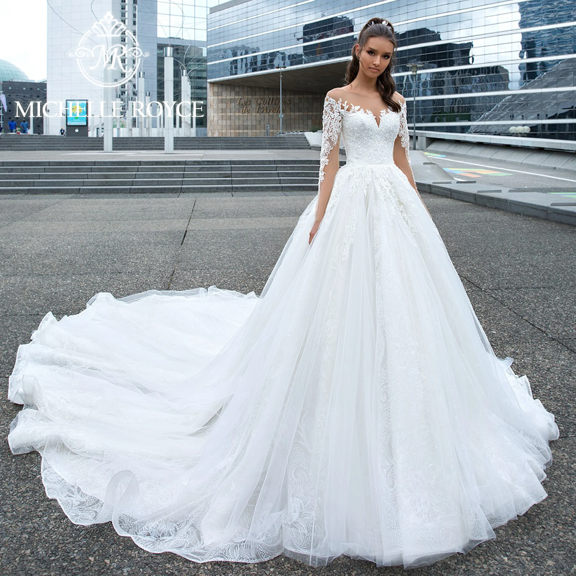 Michelle Royce Ball Gown ชุดแต่งงานสําหรับผู้หญิง Elegant ที่มองไม่เห็นคอเย็บปักถักร้อยที่ละเอียดอ่อนชุดแต่งงาน Vestidos De Novia