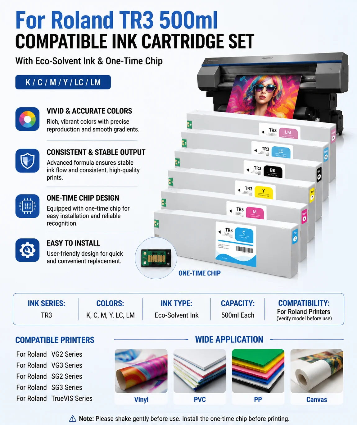 For Roland TR3 500ml Compatible Ink Cartridge With Chip For XG-640 XG-540 XG-420 XG-300 VG4 VG3 Eco-Solvent Ink 6-Color Set
