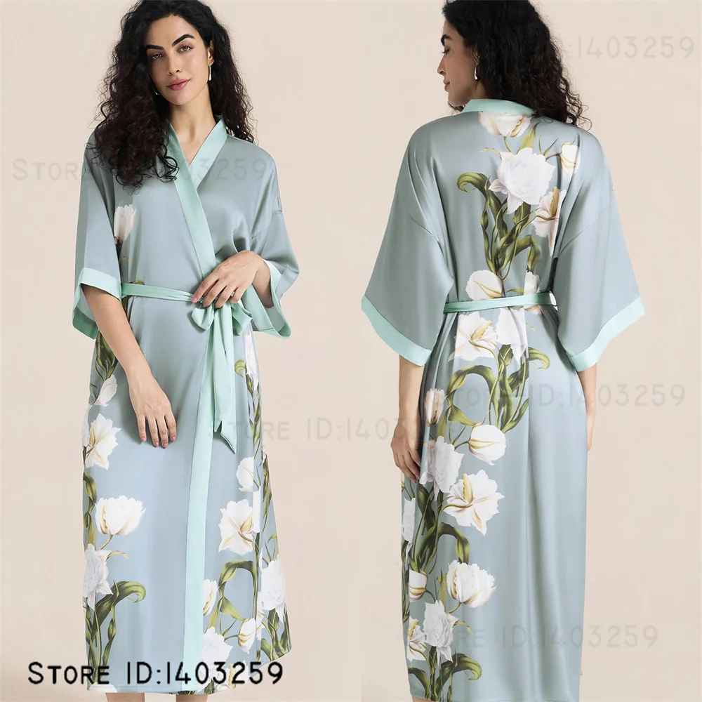 

Женский длинный халат, ночная рубашка, сексуальное кимоно с цветочным принтом, халат, шелковистая атласная одежда для сна, свободная повседневная одежда для дома, пеньюар, пижама