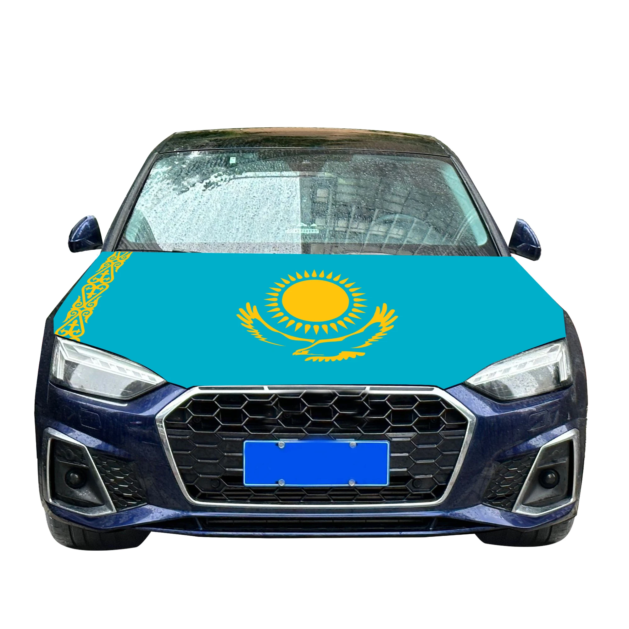 Kazakhstan Car Hood Cover Flag  Universal Size Elastic Polyester 120x150cm for Car Decor