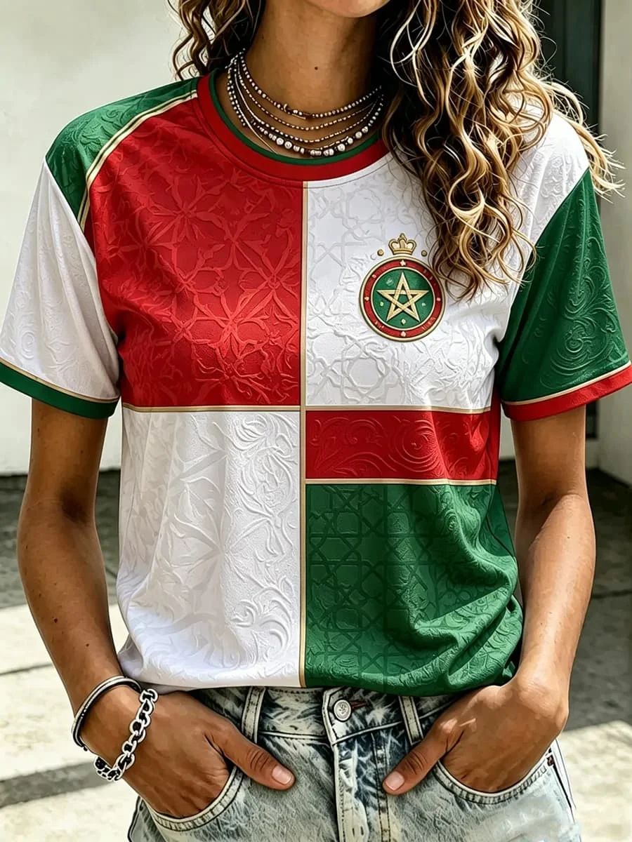 T-shirt de sport décontracté pour femme, col en V, avec drapeau de l'équipe nationale du Maroc 2026, écusson « MAROCCO » et bordure traditionnelle