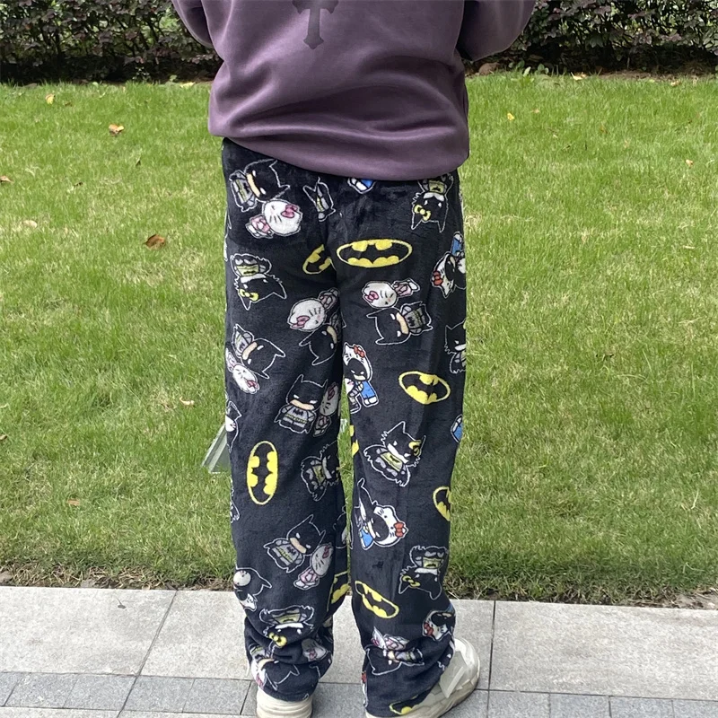 New Sanrio Y2k Autumn Hellokitty Batman Pajama Pants Cartoon Hip Hop Ladies Warm Casual Plush Xmas Style Flannel Cute Pants Gift