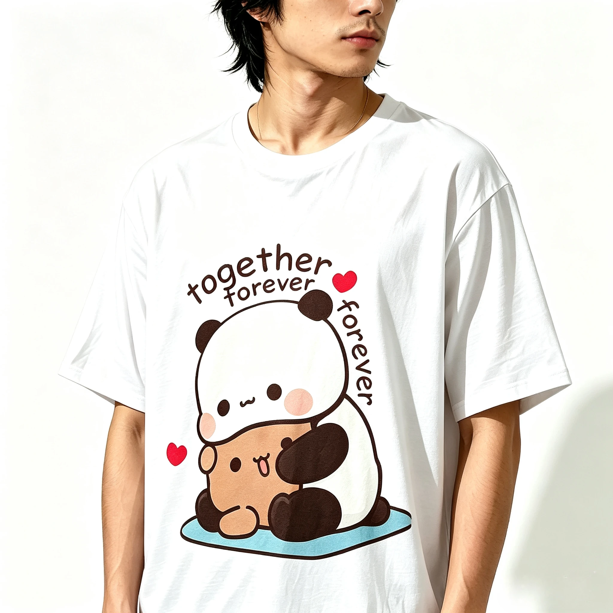 Modal Couple T‑Shirt Cartoon Cute Panda Hug Together Forever Print Unisex Loose Casual Matching Couple Short Sleeve Tee