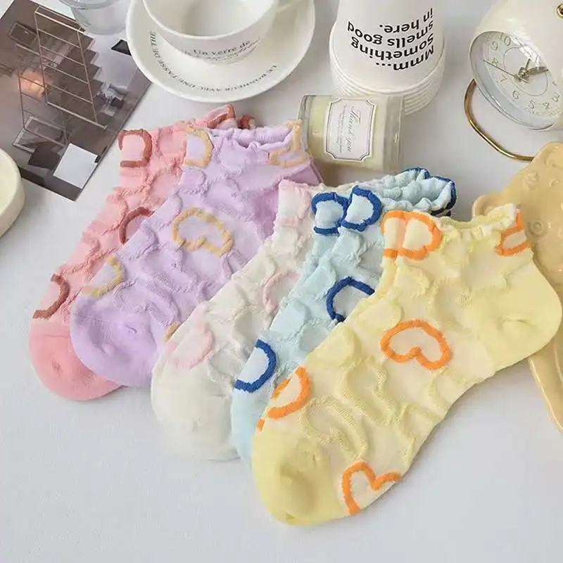 5/10 Pairs Women macaron Heart-Shaped Pattern Short Socks Summer Thin Breathable Comfortable Fashionable Sweet Style Casual Sock