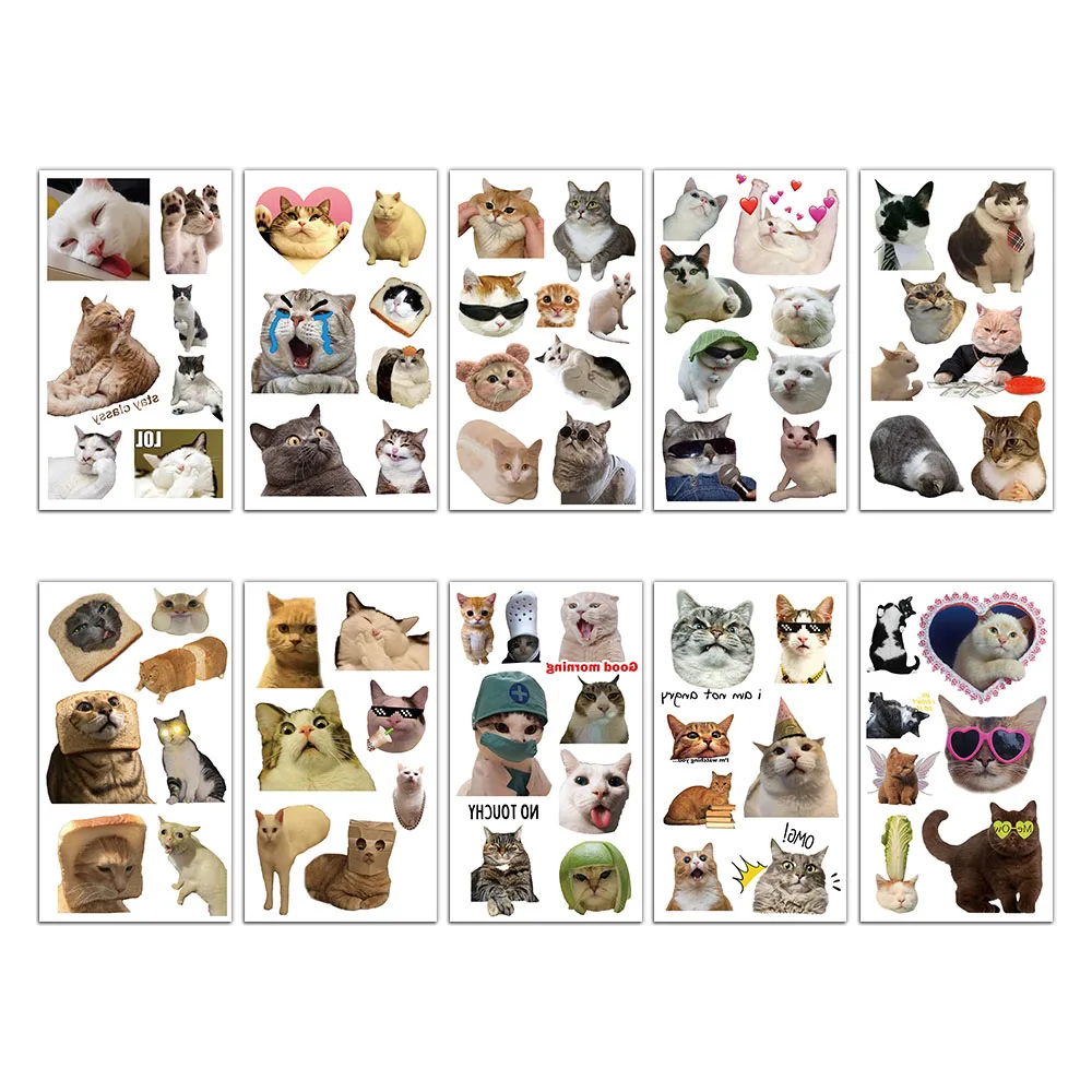 10 STKS Kat Emoticons Tattoo Stickers Leuke en grappige nep-tatoeages Gepersonaliseerde Retro-tatoeages Waterdicht en duurzaam ﻿