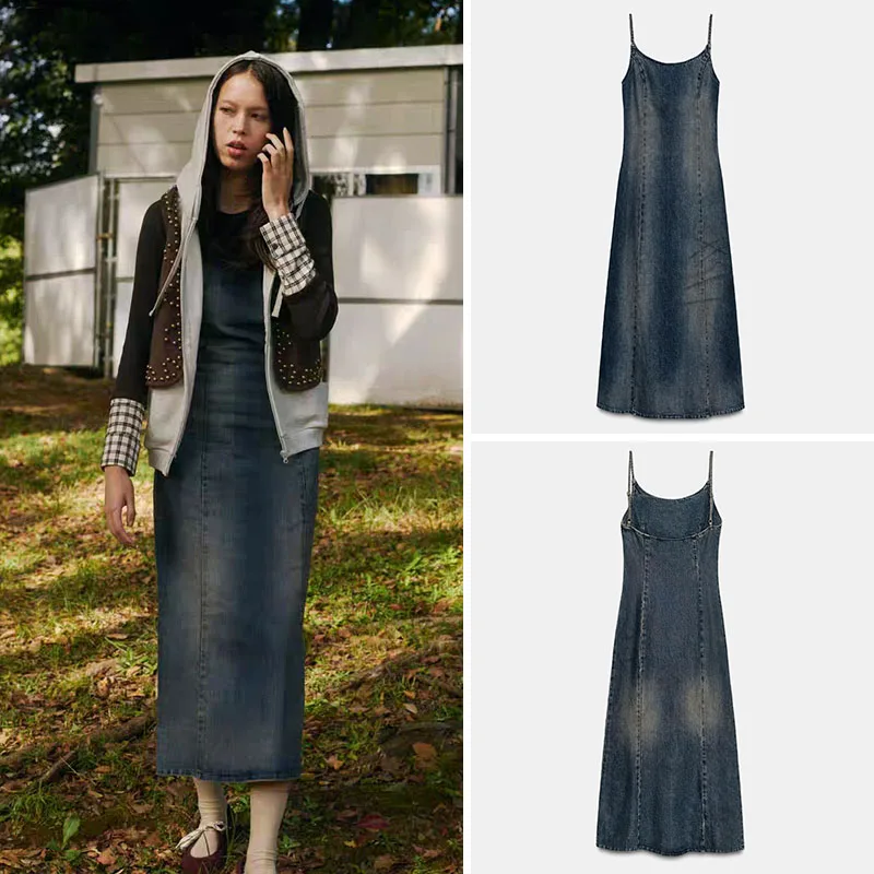 

New Autumn Casual Washed Effect Denim Midi Dress Women's Fashionable Comfortable Dress Suitable for Ages 25 to 35