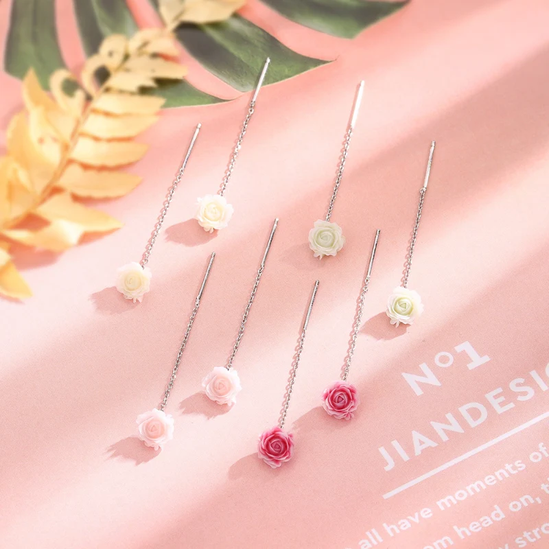 Colorful Rose Earrings Fresh and Sweet Forest Flower Ear Chain Super Fairy Camellia Earrings Long Style