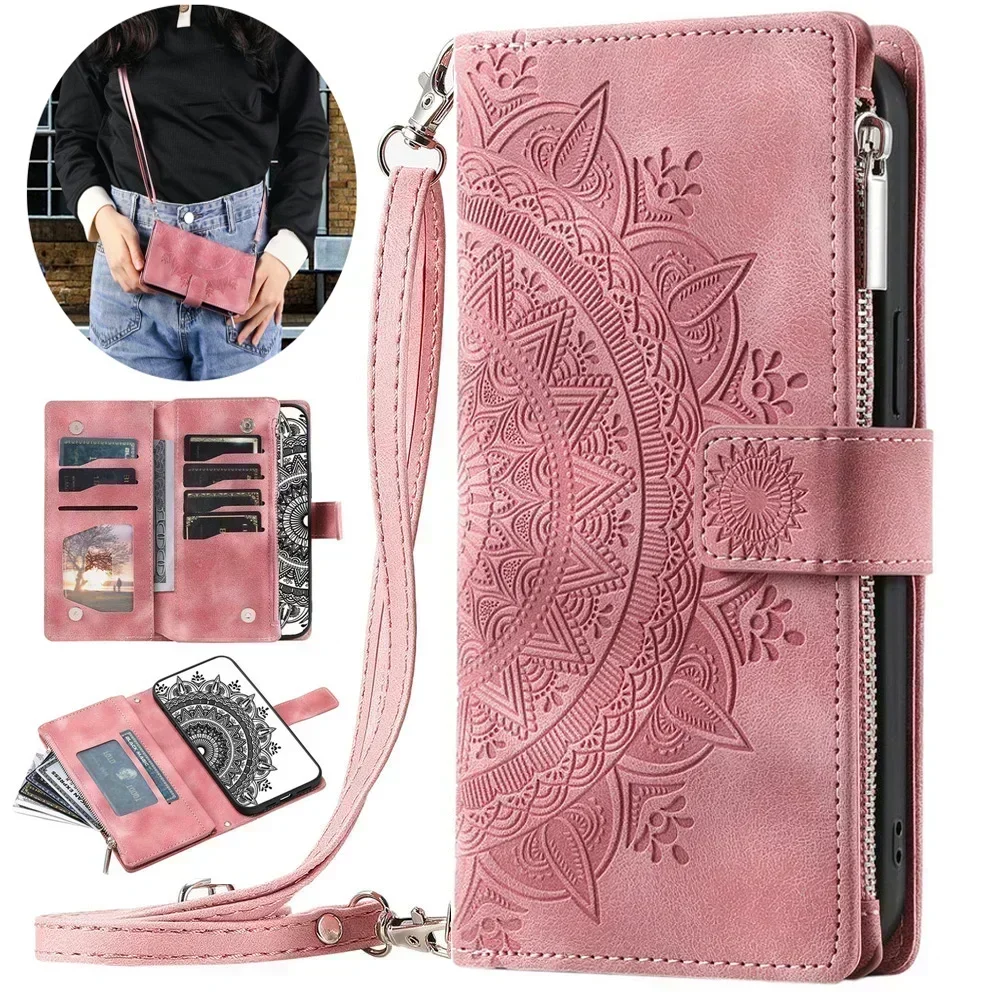 For Redmi 14C 12C 9C NFC 9T Zipper Flip Case Crossbody Wallet Capa Xiaomi Redmi Note 13 Pro Plus 12 9 C 8 T Note 8T 13C 5G Cover