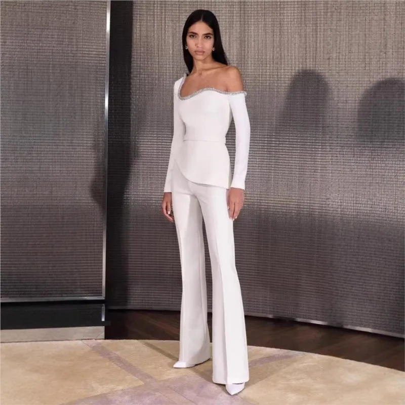 New Fashion Sequins Jumpsuits Women Sexy Off Shoulder Shining Slim Fitting Solid Color Jumpsuit Long Sleeve Flare Pants Playsuit