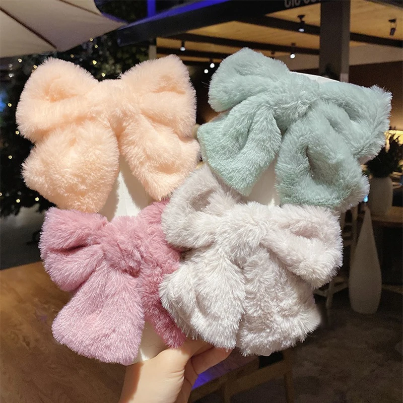 Autumn Winter Cute Plush Bowknot Hairpin Furry Bow Hair Clips Large Barrette For Women Girls Hair Accessories