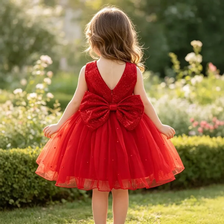 Girls Xmas Red Sequin Tulle Princess Dress Sleeveless Big Bow Pearl Tutu Gown Kids Christmas New Year Birthday Party Dress ZD37