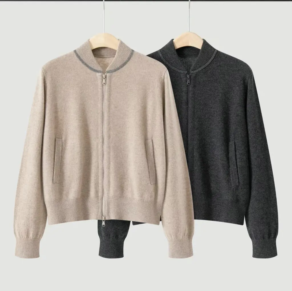 Women's Autumn/Winter Cashmere Knit Set: Zip-Up Cardigan and Utility-Style Knit Pants