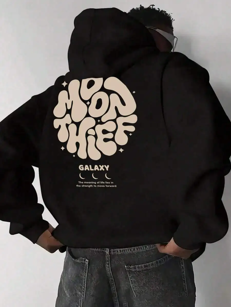 Men's Casual Fashionable Versatile Daily Commute Letter Graphic Print Kangaroo Pocket Drawstring Hoodie, Autumn/Winter