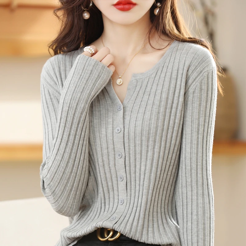 

Вязаная нижняя рубашка, осень-зима, новый однотонный кардиган, женский тонкий свитер с круглым вырезом, полосатый корейский модный трикотаж