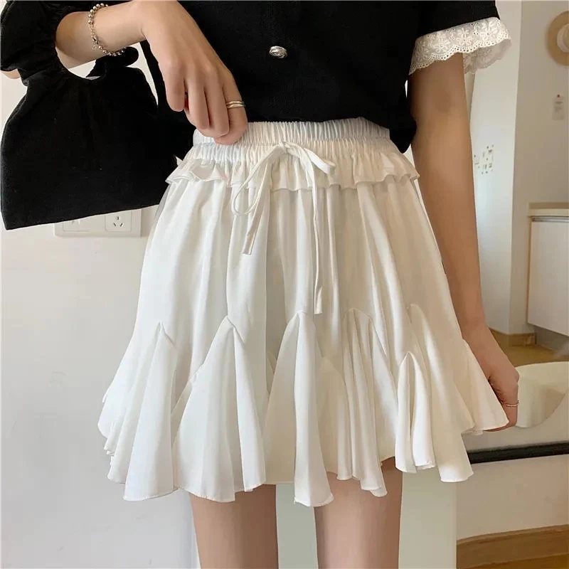 Sweet Mini Skirt Women Korean Elegant Fashion Pleated Preppy Style Skirt Summer Ruffles Streetwear A Line Ball Gown Female