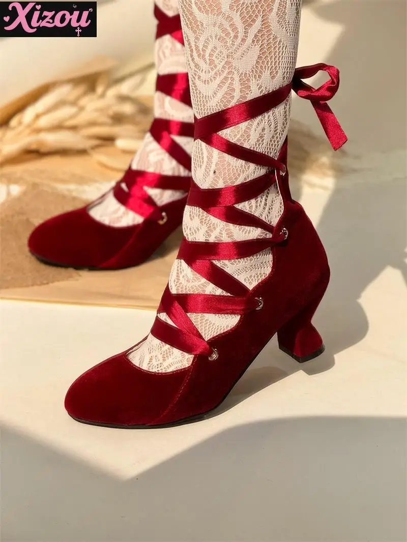 

Japanese Waltz Elegant Princess High Heels Sweet Medium Heel Round Head Women Shoes Ballet Style Lolita Cross Lace-up Shoes