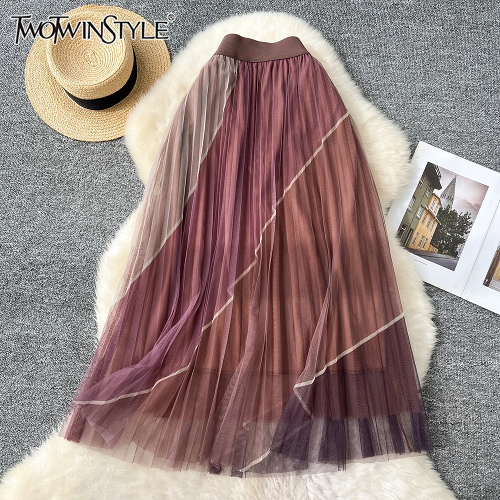 

TWOTWINSTYLE Hit Color Elegant Loose Mesh Skirts For Women High Waist Temperament Skirt Female Fashion Style Clothes KSK517947