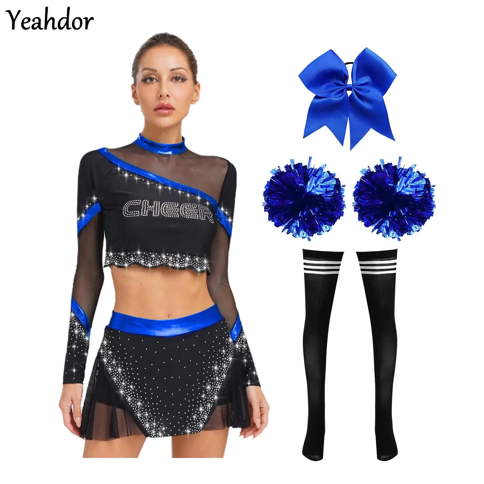 

Women Cheerleading Costumes Cheerler Uniform Rhinestone Long Sleeve Crop Tops with Skirt Flower Headwear Socks Stripe Outfit