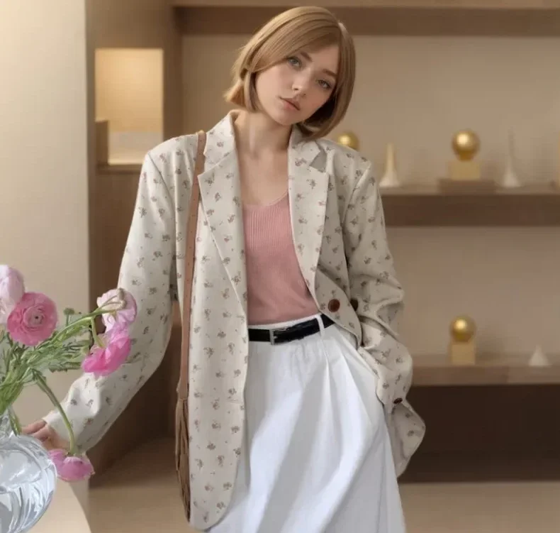 Casual Japan Girls Floral Print Retro Vintage Long Blazer Coats Cotton Blazers Autumn Winter Women Loose Outerwear