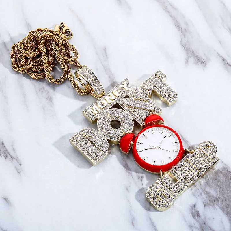 MONEY DON'T SLEEP Pendant Necklace Hip Hop Bling Crystal Red Alarm Clock Gold Silver Chain for Men Women Trendy Rapper Jewelry