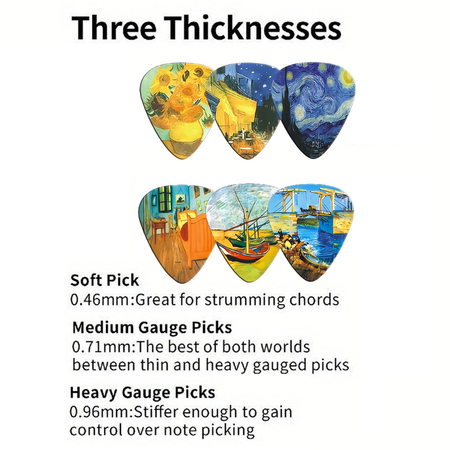 Neues 12er-Set Gitarrenplektren – Van-Gogh-Ölgemälde-Thema, für Bass, Ukulele, Musikinstrumentenzubehör – Detail 3