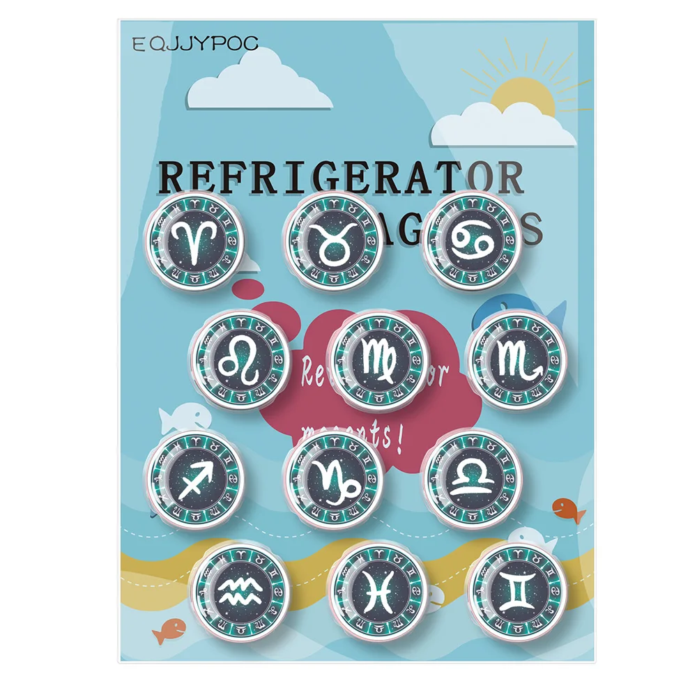 12 Constellation Decorative Refrigerator Magnet Complete 30MM Round Glass U Fixed Magnet Whiteboard Note Adsorption