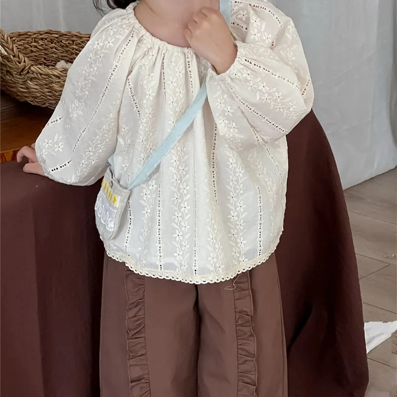 

Happy Fan2025Spring New Korean Style Children's Embroidered Round Neck Shirt Sweet Lace Long Sleeve Top Girls' Blouse