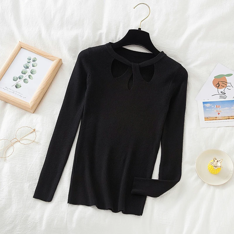 เซ็กซี่ Hollow-OUT ถักเสื้อกันหนาวผู้หญิง Ribbed ฤดูใบไม้ร่วงฤดูหนาว Basic เสื้อกันหนาวหญิง SLIM FIT Pullovers Soft WARM Tops