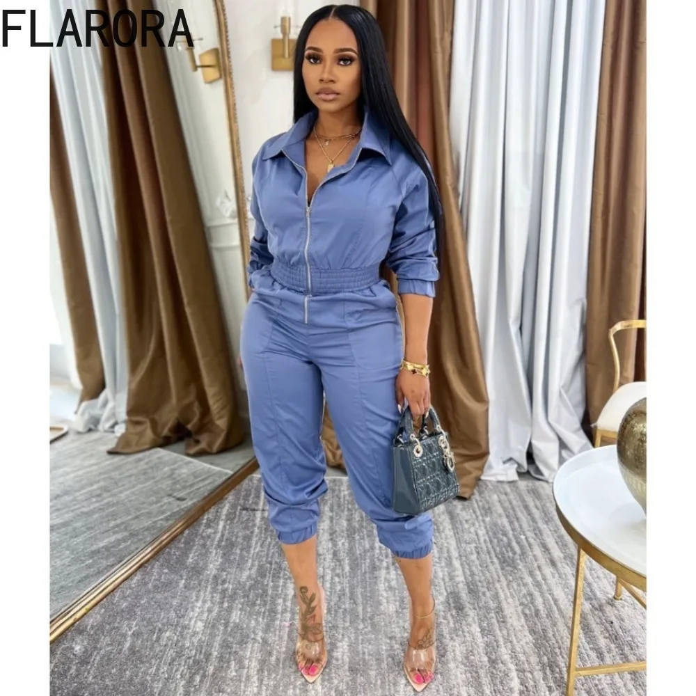 

FLARORA Vintage Waist-cinching Pocket Cargo Jumpsuits Woman Lapel Zip Long Sleeve One Piece Overalls Fall Female Street Jumpsuit