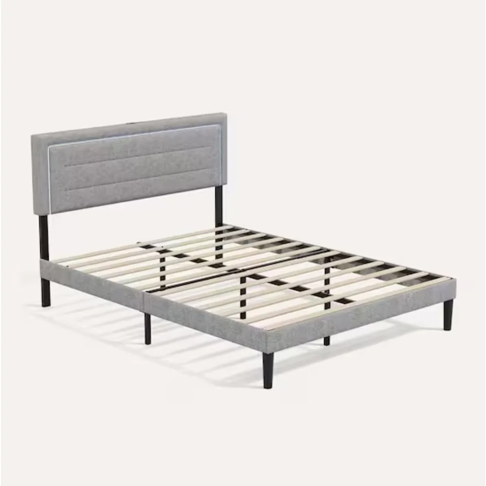 Gray Metal Frame Queen Platform Bed with LED Lights, Charging Station, No Box Spring Needed, Noise Free, Easy Assembly