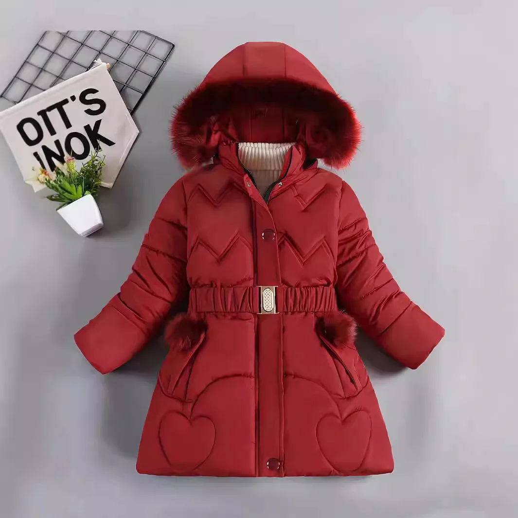 4-10 Years Fashion Girls Jacket Winter Solid Color Heart Decoration Lining Plush Warm Hooded Coat For Kids Children Outerwear