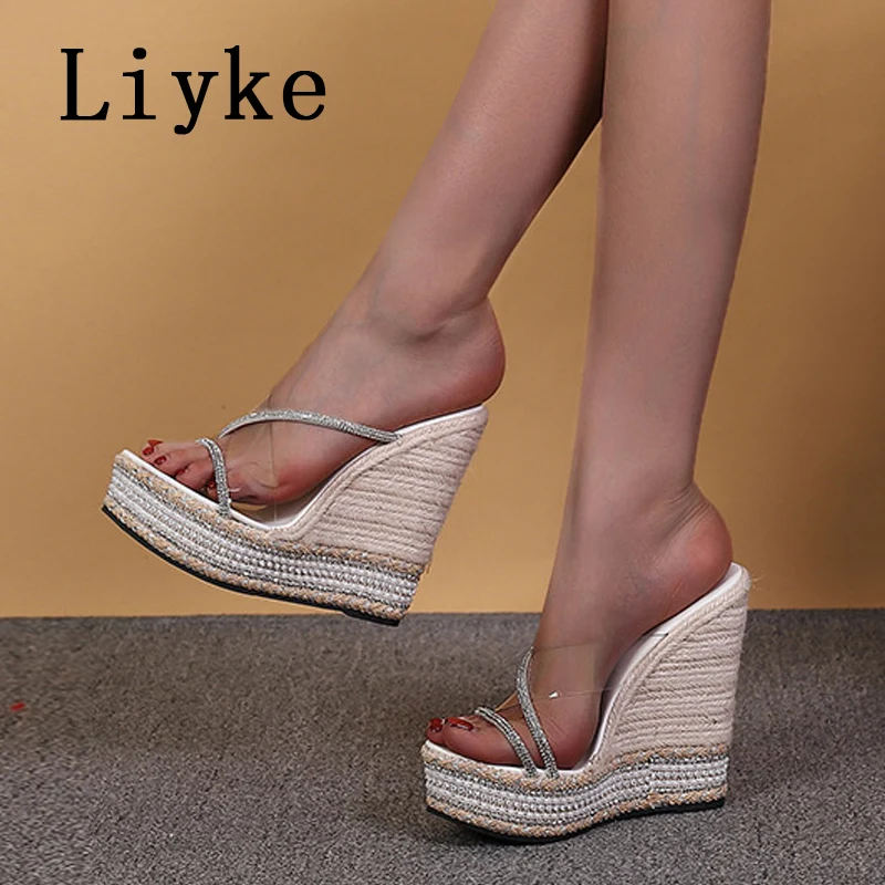 Liyke Plus Size 34-42 Wedges Shoes For Women 2024 Fashion Open Toe PVC Crystal Platform High Heels Modern Slippers Female Sandal