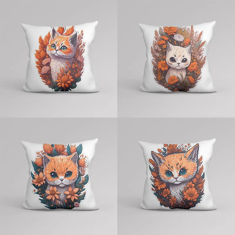 Cute Cat Pillowcase Red Flower Cat Pillows Case for Girls Room Aesthetics Bed Sofa Pillow Cover Decorative Room Aesthetics 45x45