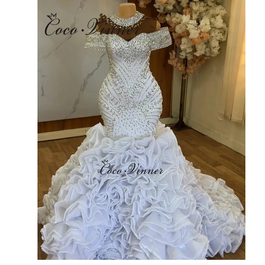 

Африканское свадебное платье русалки из органзы с рюшами по индивидуальному заказу, 2026, свадебные платья с открытыми плечами и блестящими кристаллами и бисером W1499