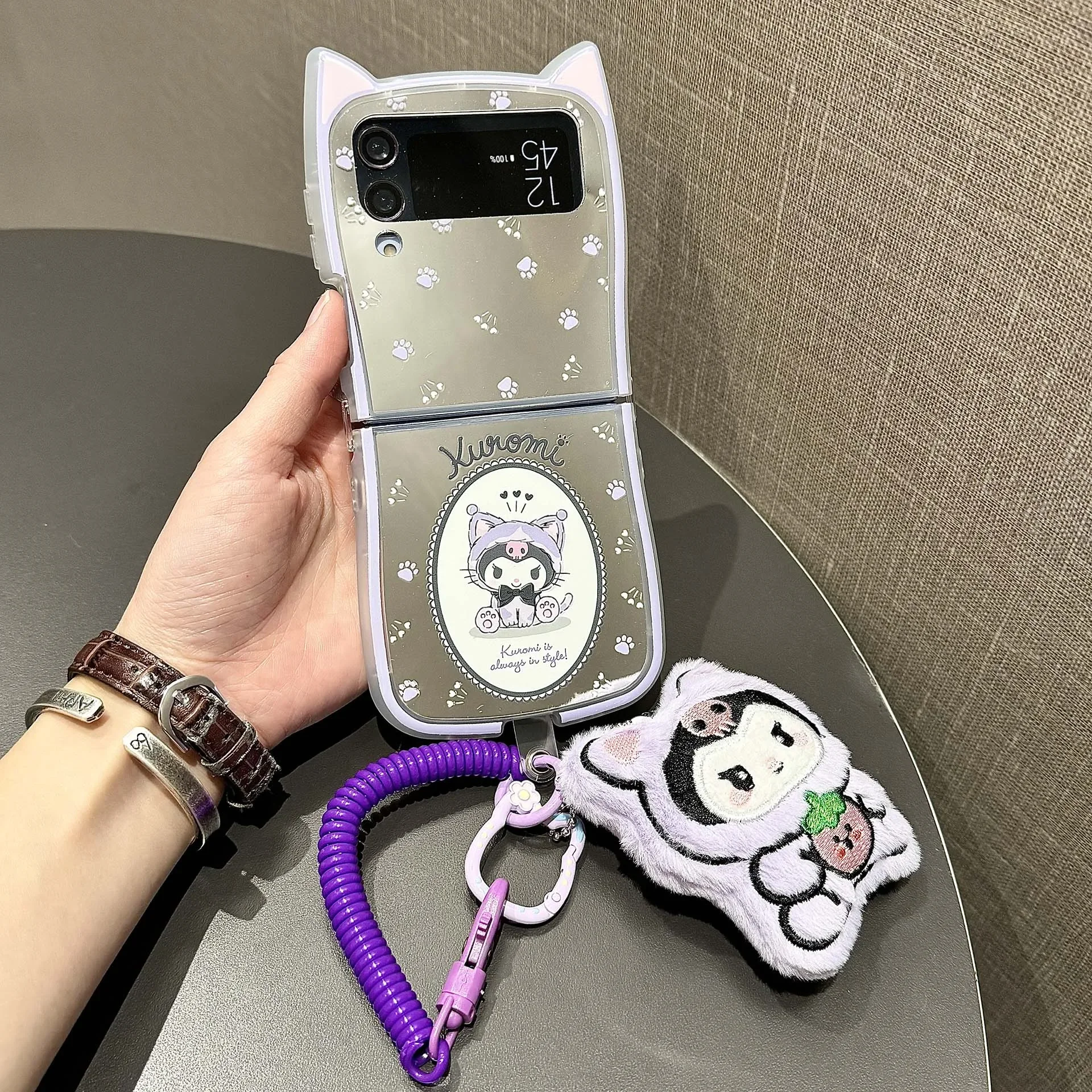 3D Cute Cartoon Sanrio Kuromi My Melody Mirror Phone Case For Samsung Galaxy Z Flip 6 5 Soft Cover For Z Flip 3 4 With Lanyard