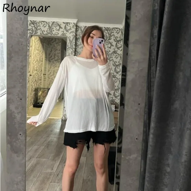 Solid T-shirts Women Summer Basic Sun-proof Long Sleeve Thin Casual Simple All-match Lazy Korean Style Gentle Daily Fashion Chic