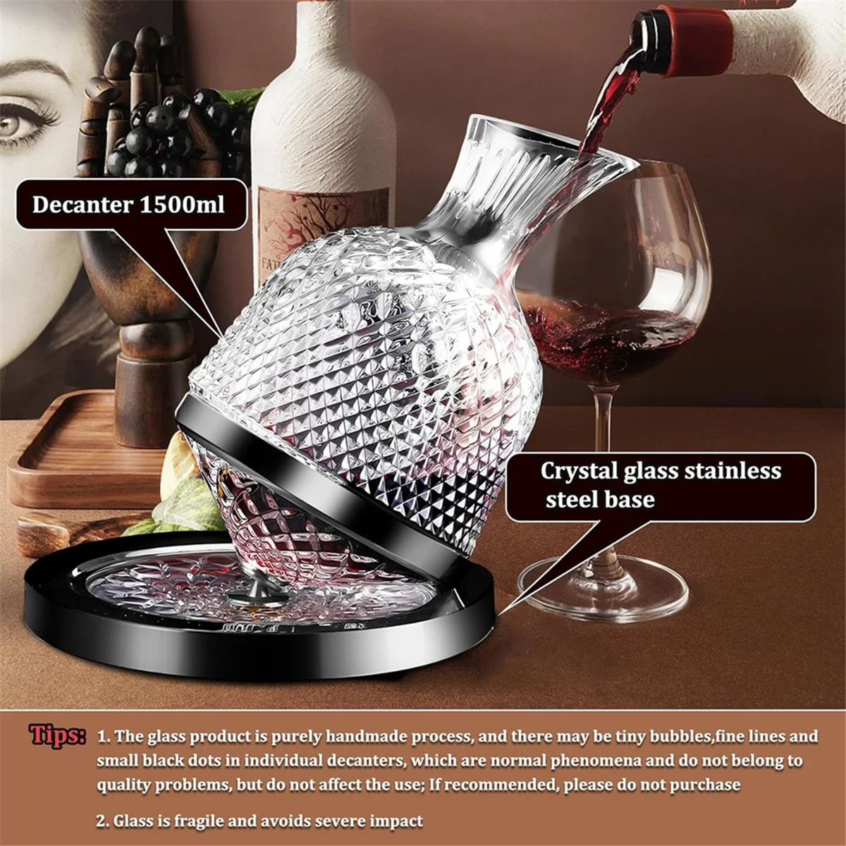 Red Wine Decanter 50oz/1500ml, Wine Carafe Decanter Made of Lead-Free Crystal Glass, 360° Rotating Decanters for Whisky