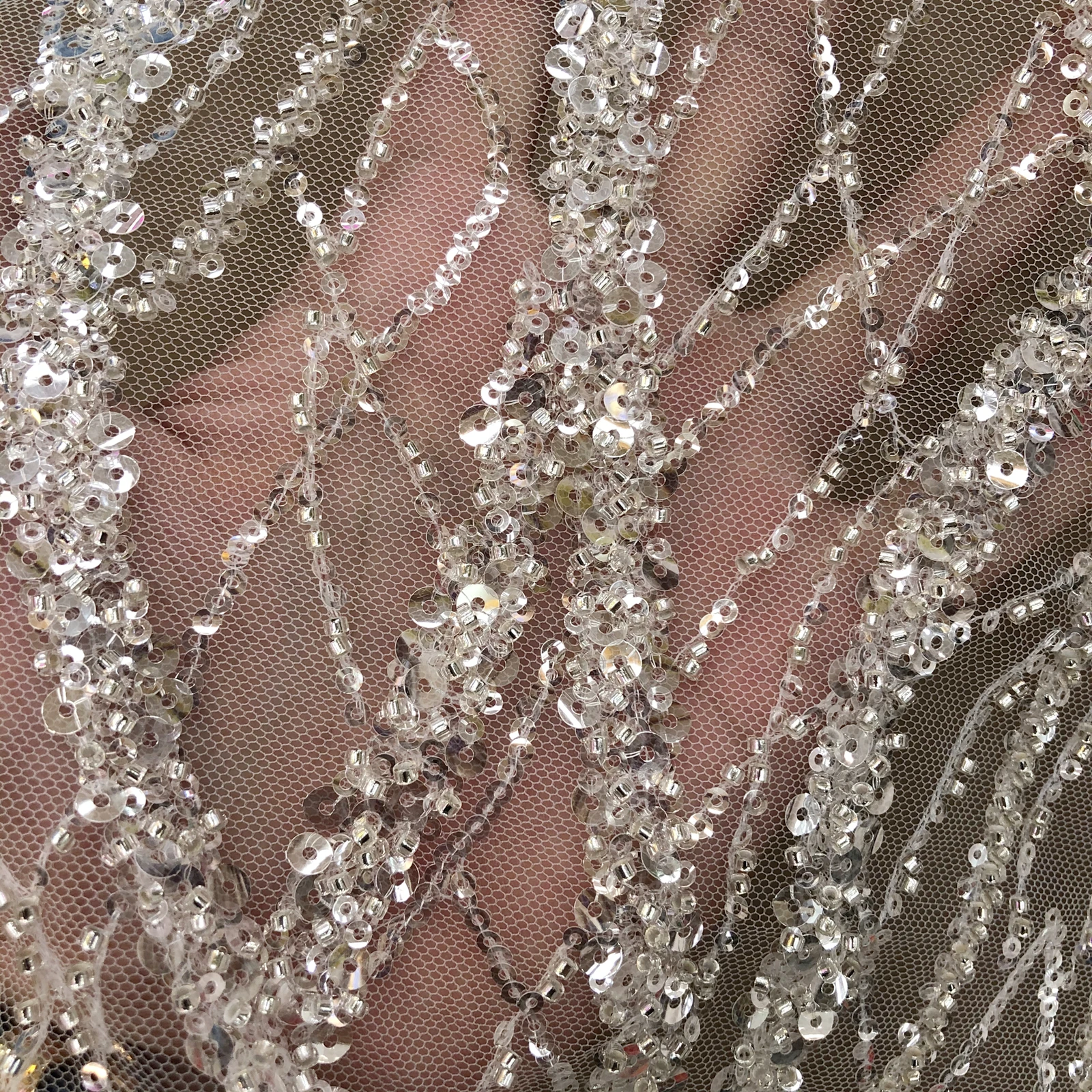 Luxury Silver Sequin Beads Tulle Embroidery Wedding Evening Dresses Custom Clothing Lace Fabric