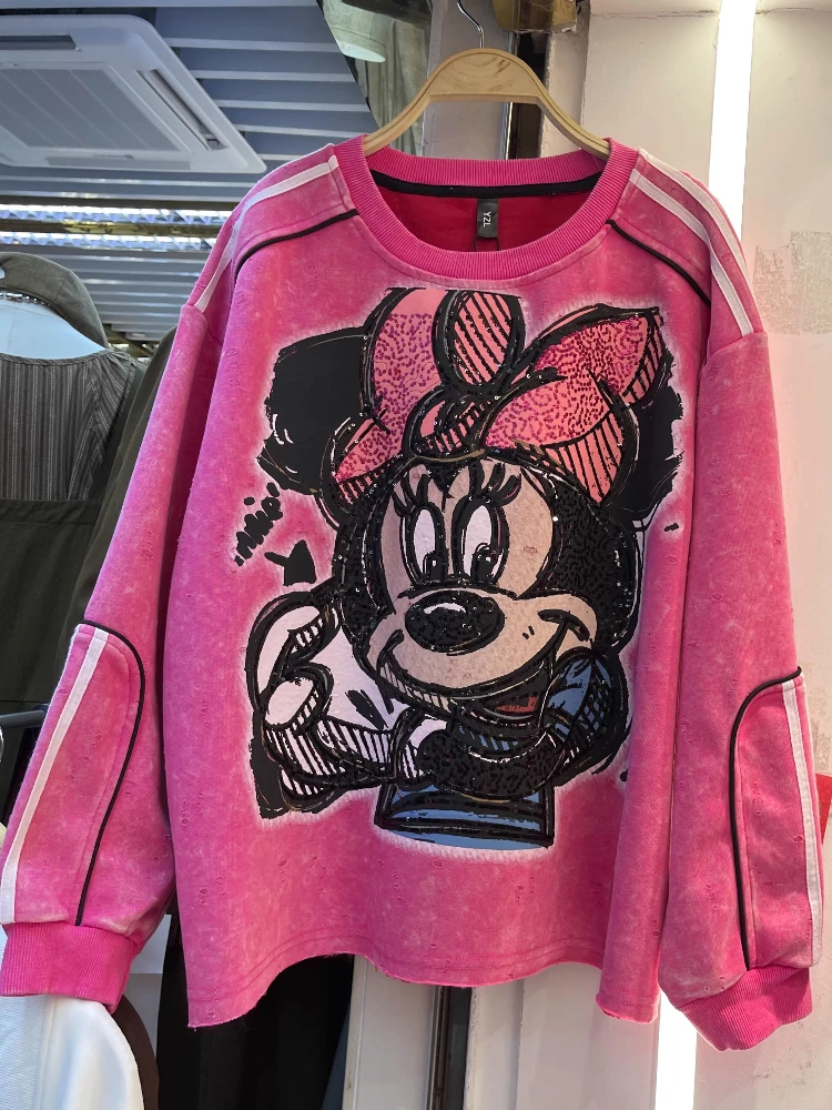 2025 Autumn Heavy Washed Cotton Cartoon Print Loose Round Neck Pullover Sweatshirt for Women Casual Sequin Oversized Top