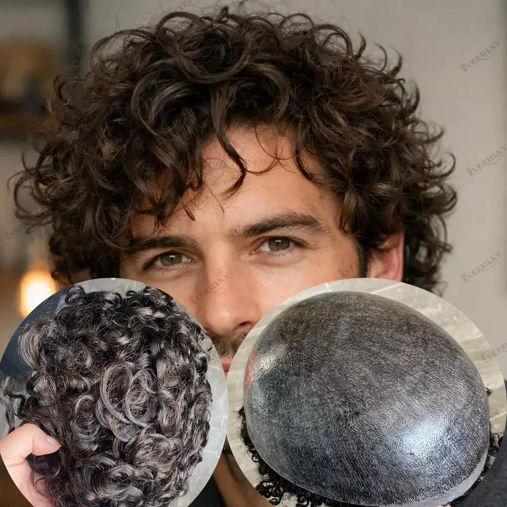 

Natural Frontline Durable Thin Skin Men's 20MM Curly Human Hair Toupee System Remy Indian Hair Capillary Prosthesis Skin Base