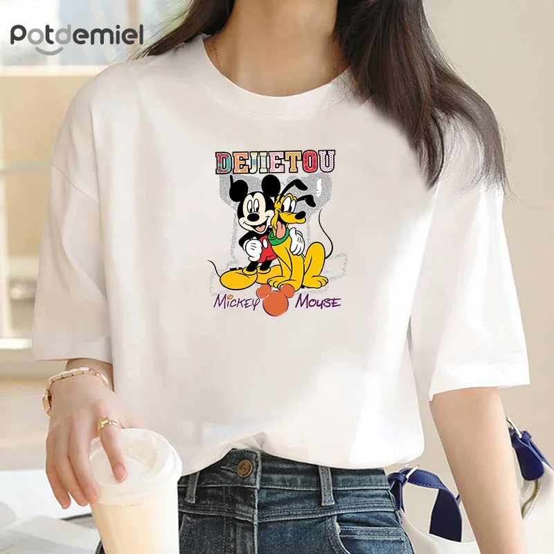 

New Mickey Minnie Mouse Graphic Cotton T-shirt 2024 Summer Cotton Short Sleeve Top Aesthetic Streetwear Retro Women's T-shirt