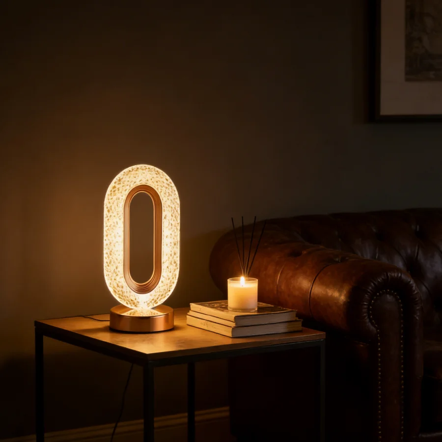 1PC Oval Hollow LED Table Lamp, Acrylic Textured Warm Light Bedside Lamp, Gold Base Modern Decorative Desk Light