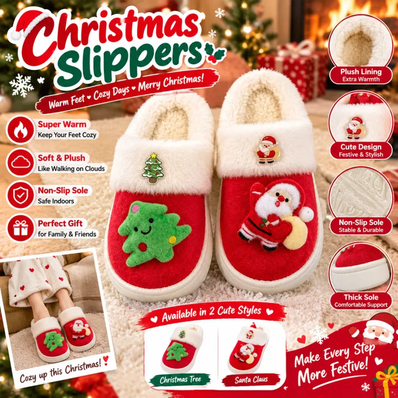 Christmas Plush Slippers Warm Cute Fuzzy Indoor Home Shoes Santa, Tree Cartoon Couple Soft Cozy, Winter Footwear Gift Men Women