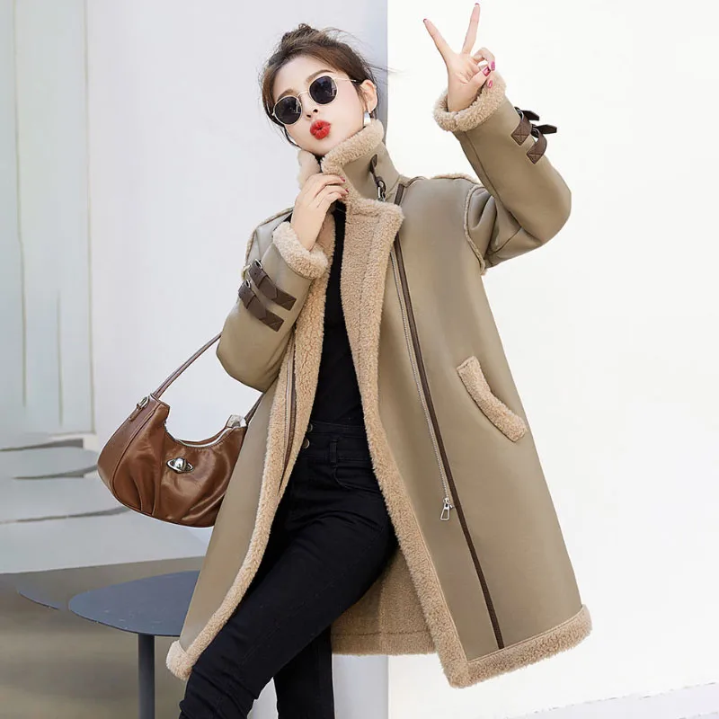 

Splicing Fur One Jacket Women Overcoat 2024 Winter New Warm Thick Parker Coat Long Loose Imitation Lamb Leather Windbreaker Coat