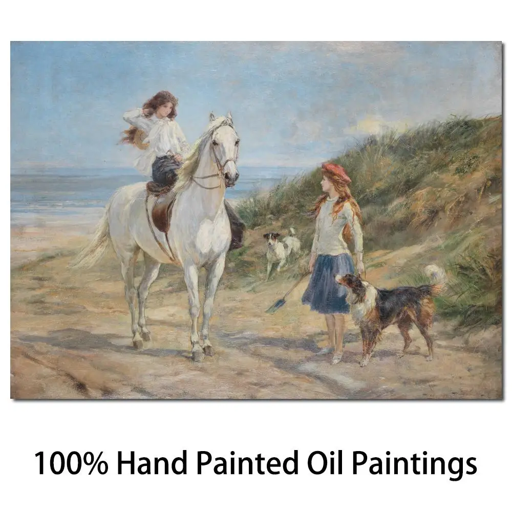 

Beach Art Landscape Oil Painting Handmade White Horses Two Girls Heywood Hardy Canvas Artwork High Quality Modern Wall Decor