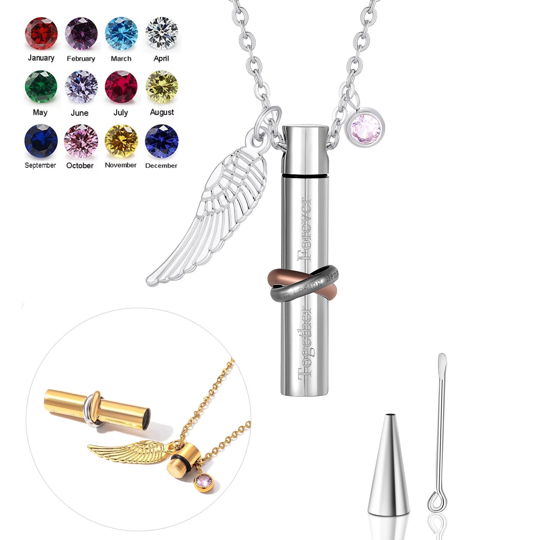 Cremation Urn Necklace for Ashes Timeless Hourglass Memorial Pendant Keepsake Jewelry with12 Birthstone Angel Wing