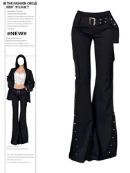 Women Japanese Bell-Bottom Harajuku Y2K Dark Academia Low Rise Flare Pants With Belt Long Trousers 2000S Korean Fashion E-Girl