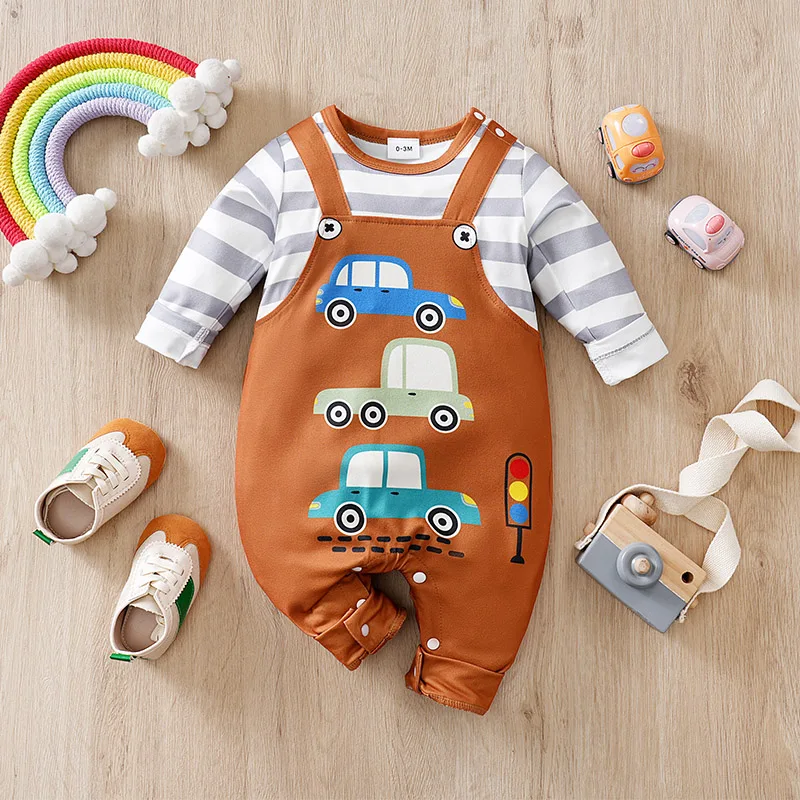 

Cartoon Car Pattern Jumpsuit With Striped Straps 0-18 Month Old Baby Hoodie Baby Long Sleeved Casual Wear