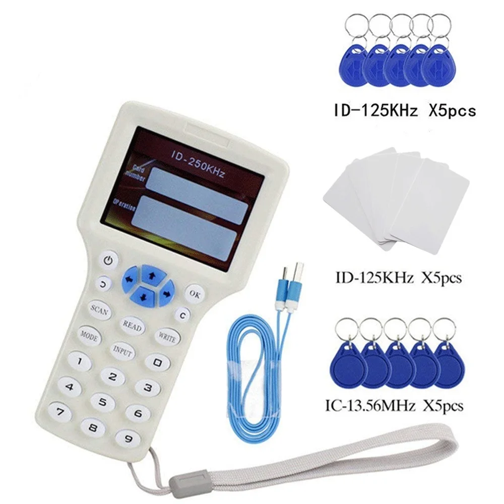 Top English 10 Frequency RFID Reader Writer Copier Duplicator IC/ID with USB Cable for 125Khz 13.56Mhz Cards LCD Screen