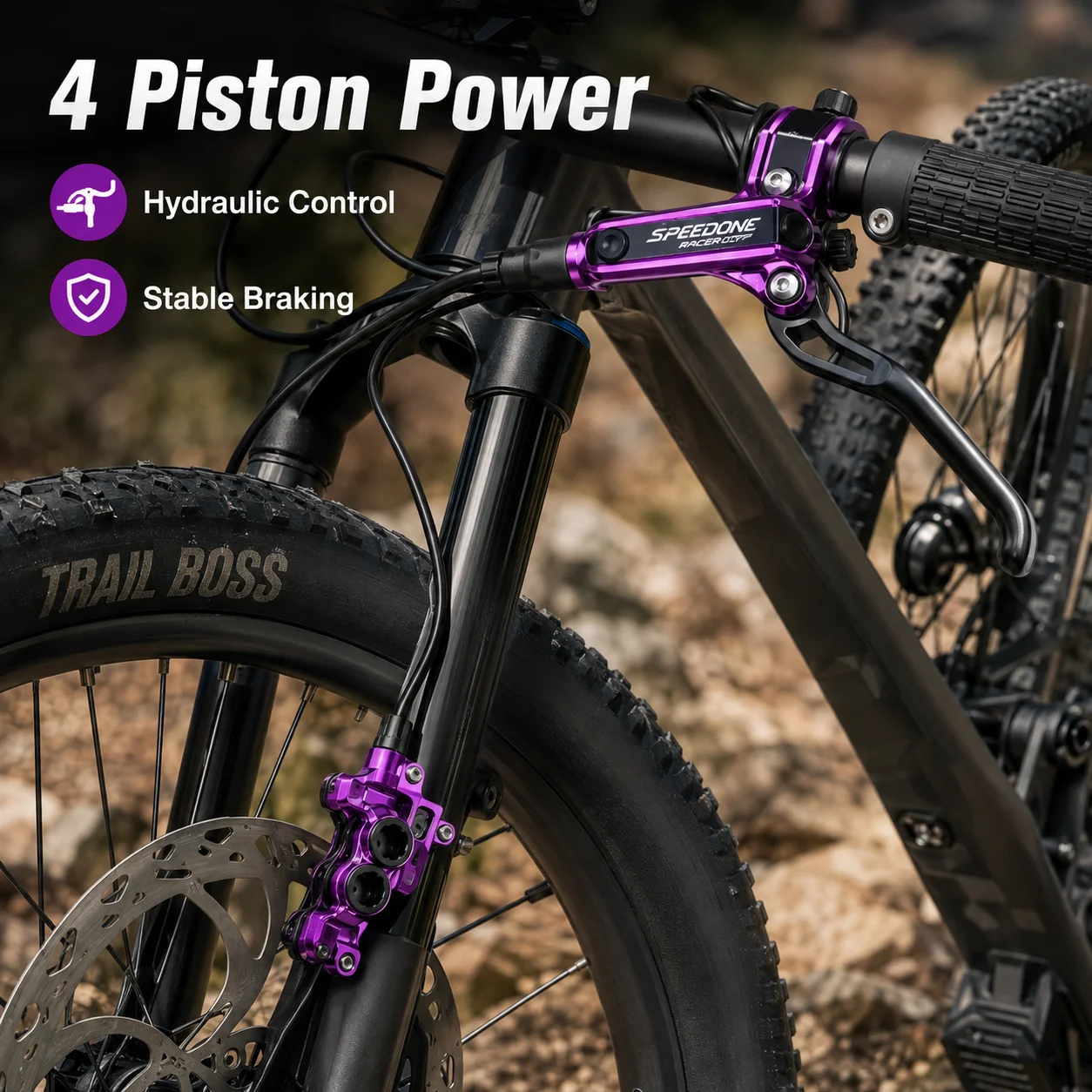 SPEEDONE 4 Piston MTB Hydraulic Disc Brake Set Front Rear Dual-Side Braking Adjustable Lever Heat Dissipation for Mountain Bike